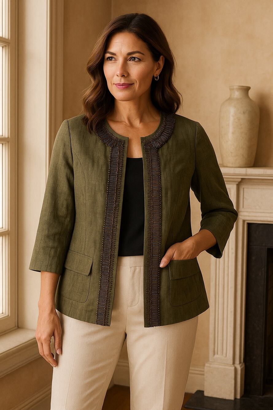 Chicos Linen Jacket Womens Size 1 Medium‎ Green Metallic Embellished Open Lined